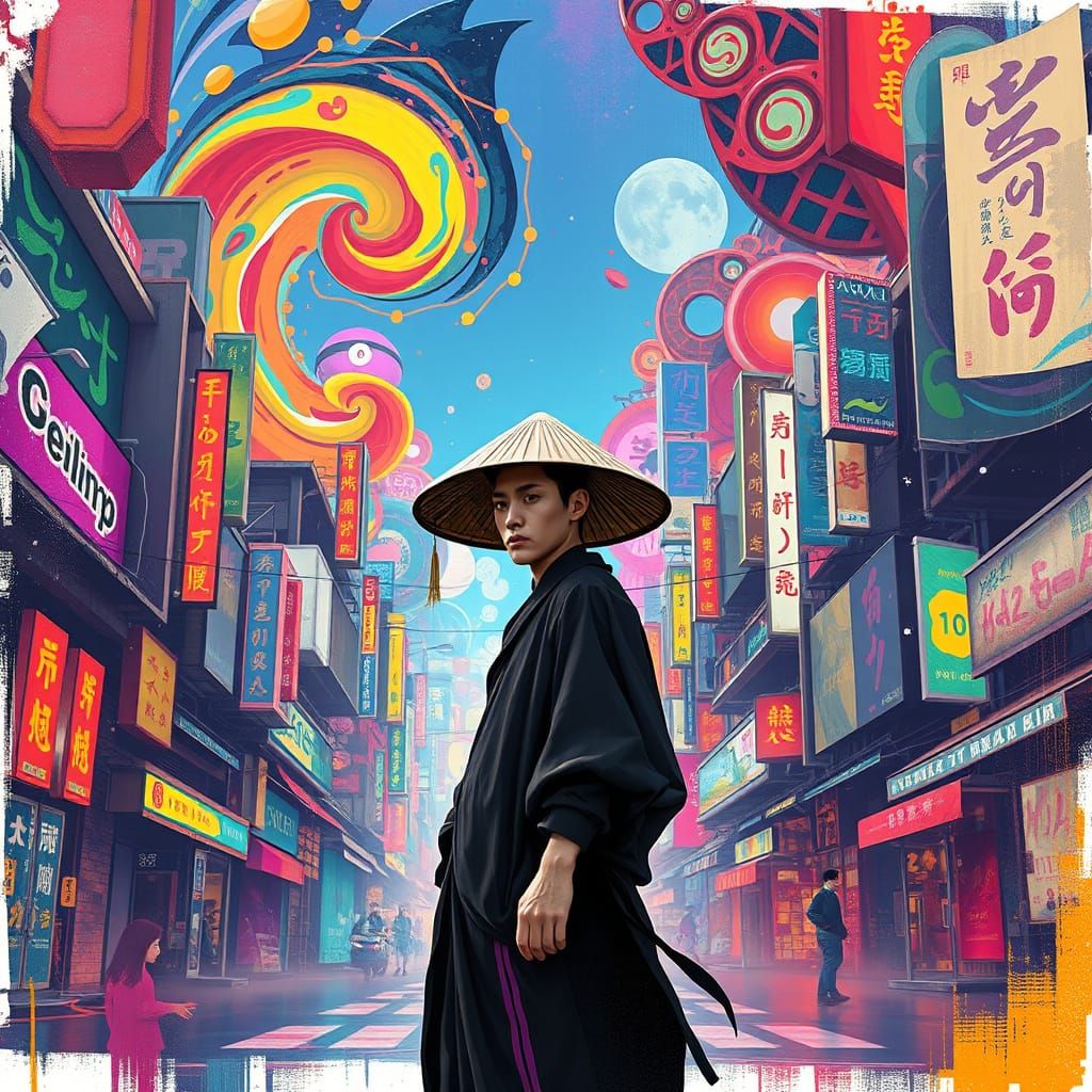 Cyberpunk Asian Figure in Vibrant Cityscape