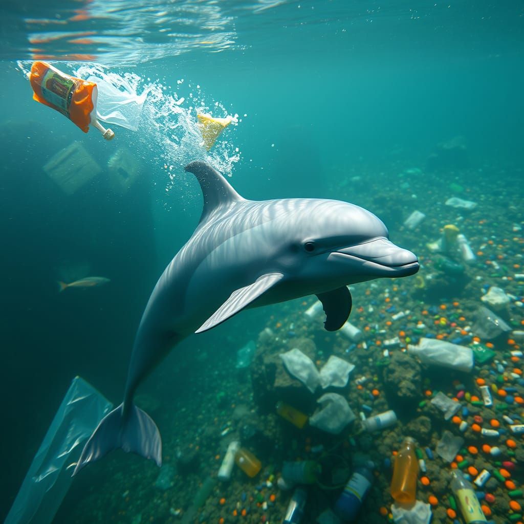 Dolphin in Plastic-Polluted Ocean: Environmental Impact