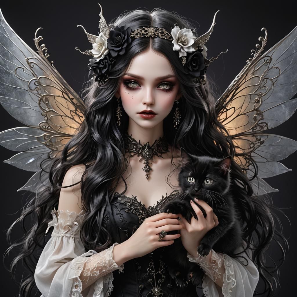 Gothic Fairy with Kitten in Dark Fantasy Style