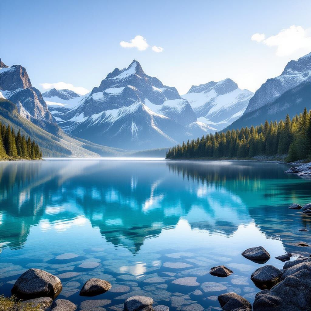 Majestic Mountain Lake at Dawn with Snow-Capped Peaks