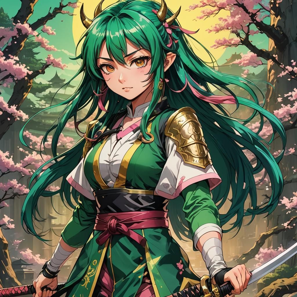 Anime Girl with Katana in Cel-Shaded Manga Style