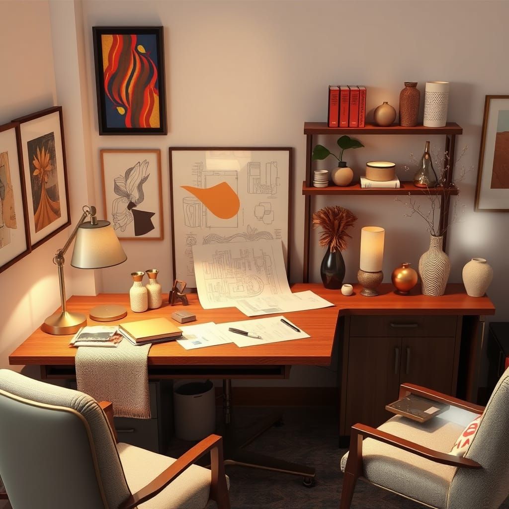 Interior Designer's Desk: 3D Render with Fabrics and Tools