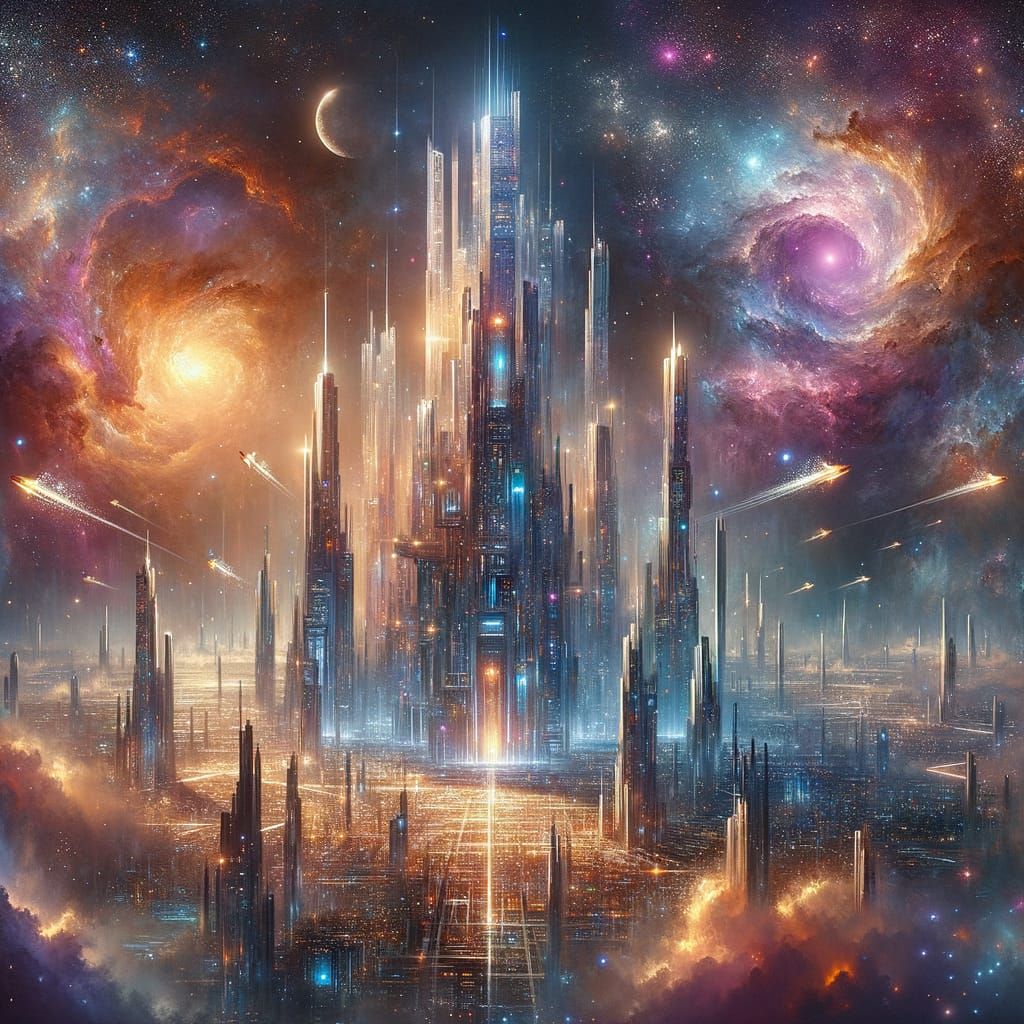 Celestial Cityscape of Crystal Towers in Nebula Sky