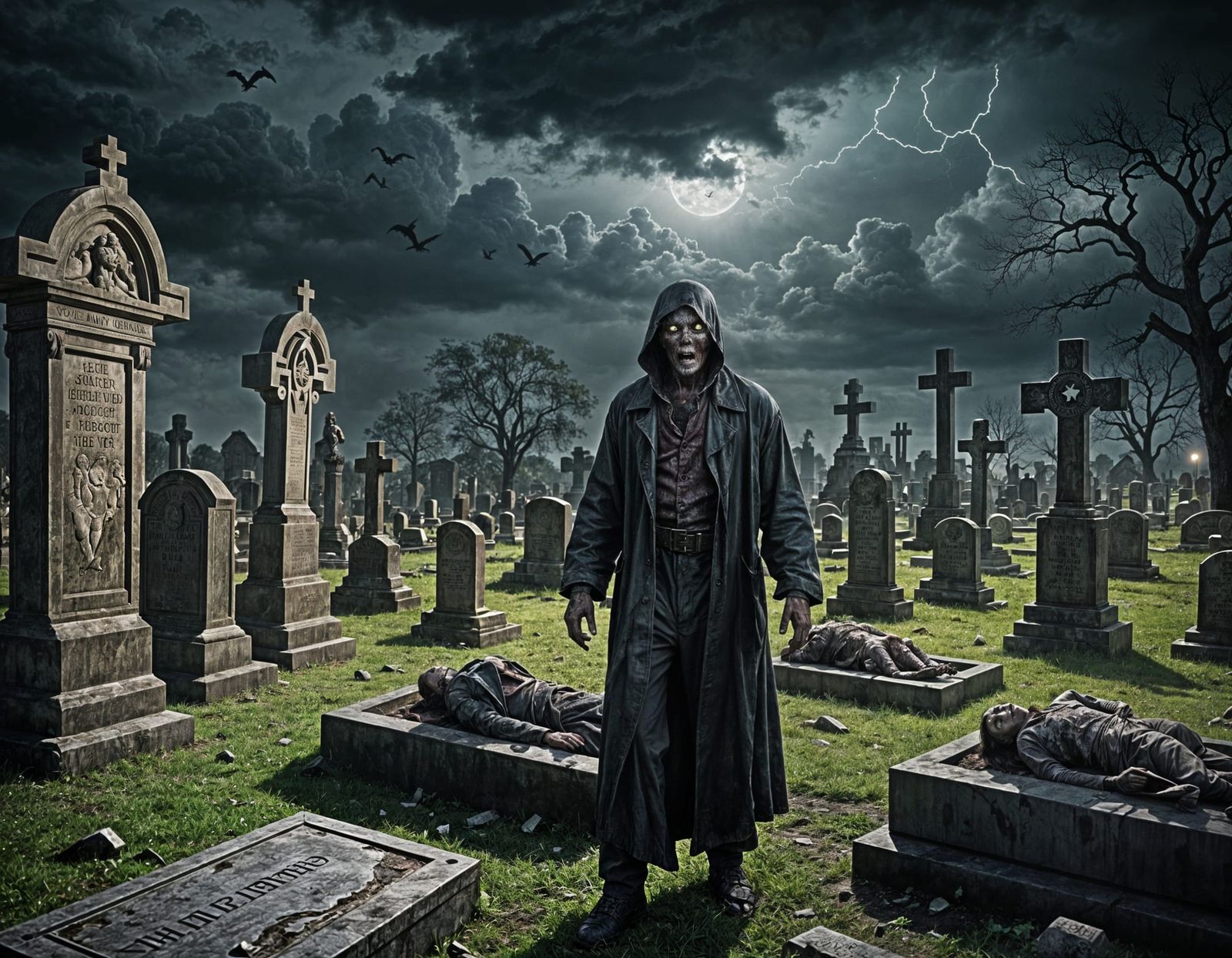 Zombies Rise from Graves in Stormy Graveyard