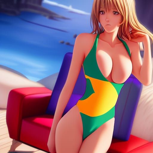 Anime-Style Swimsuit Model in Detailed Digital Art