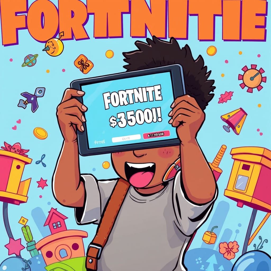 Brown Kid Celebrates Fortnite Victory in Vibrant Digital Art
