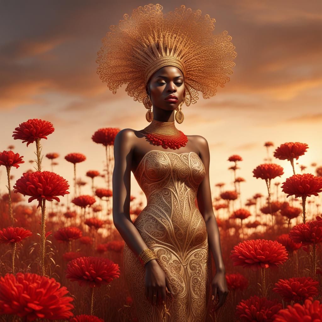 Surreal African Queen in Red Metal Flower Field