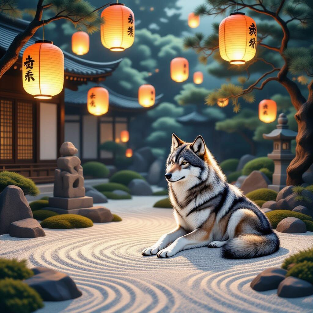 Zen Garden Wolf in Divine Oil Painting