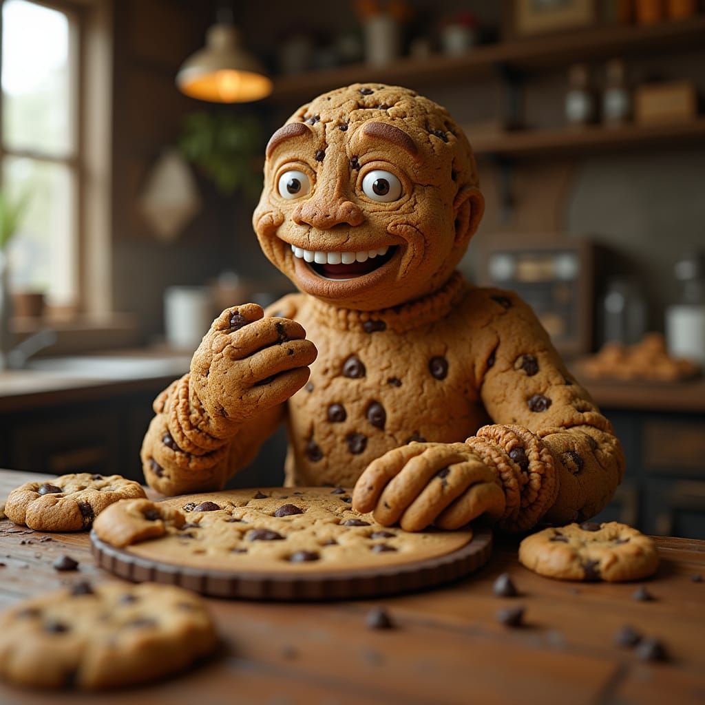 Hyper-Realistic Cookie Man in Cozy Bakery Scene