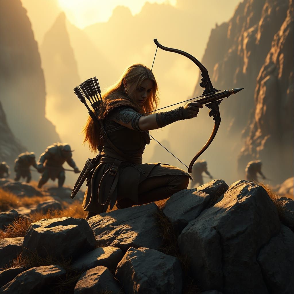 Medieval Fantasy Ranger Ambushes Orcs in Golden Dawn Light