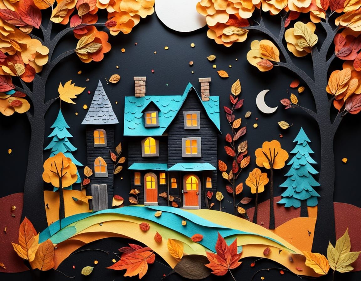 Magical Moonlit Forest House in Autumn Paper Art Style