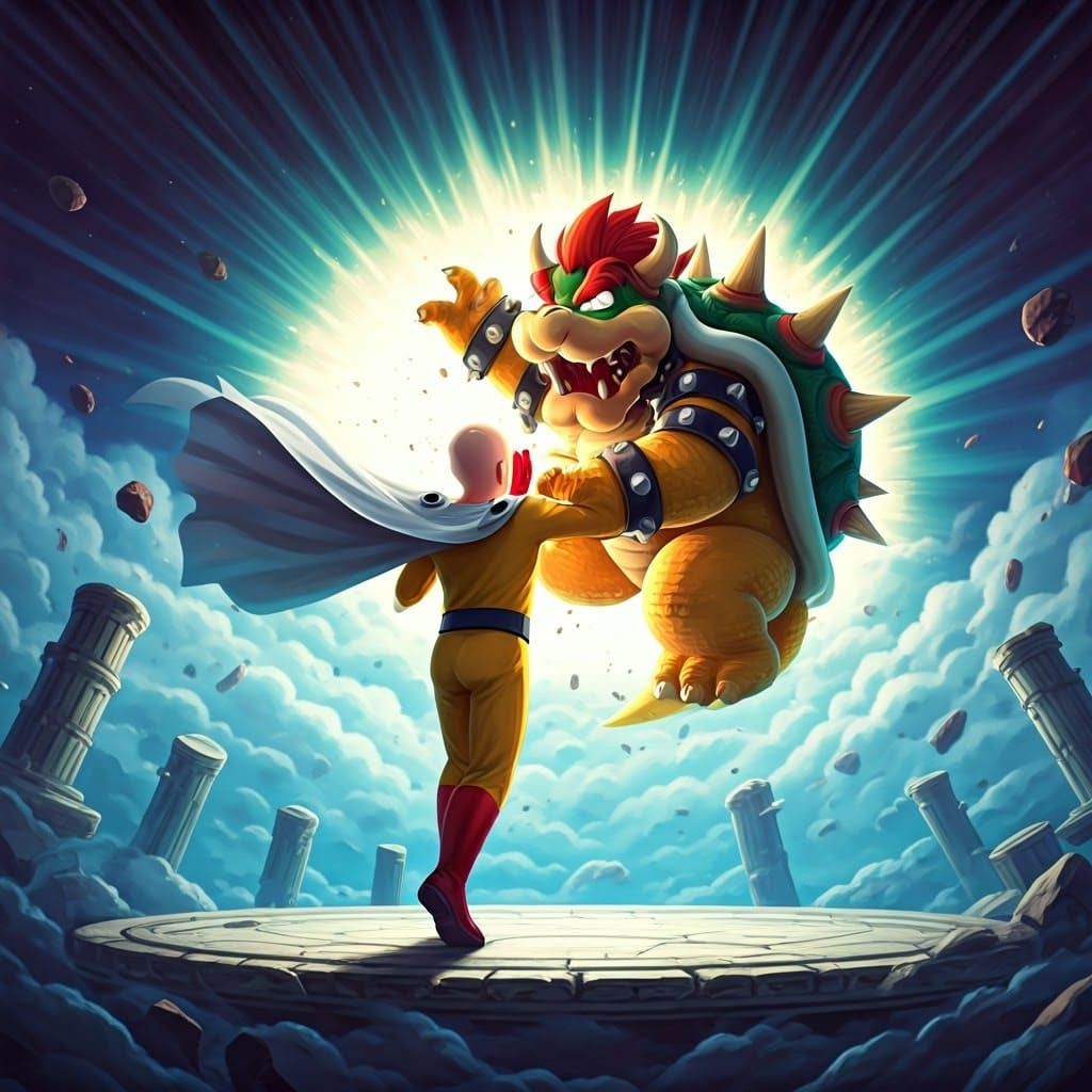 Saitama vs Bowser in Dreamlike Arena: Fantasy Art