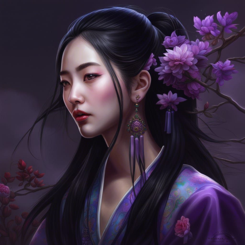 Chinese Woman in Traditional Dress with Purple Flower
