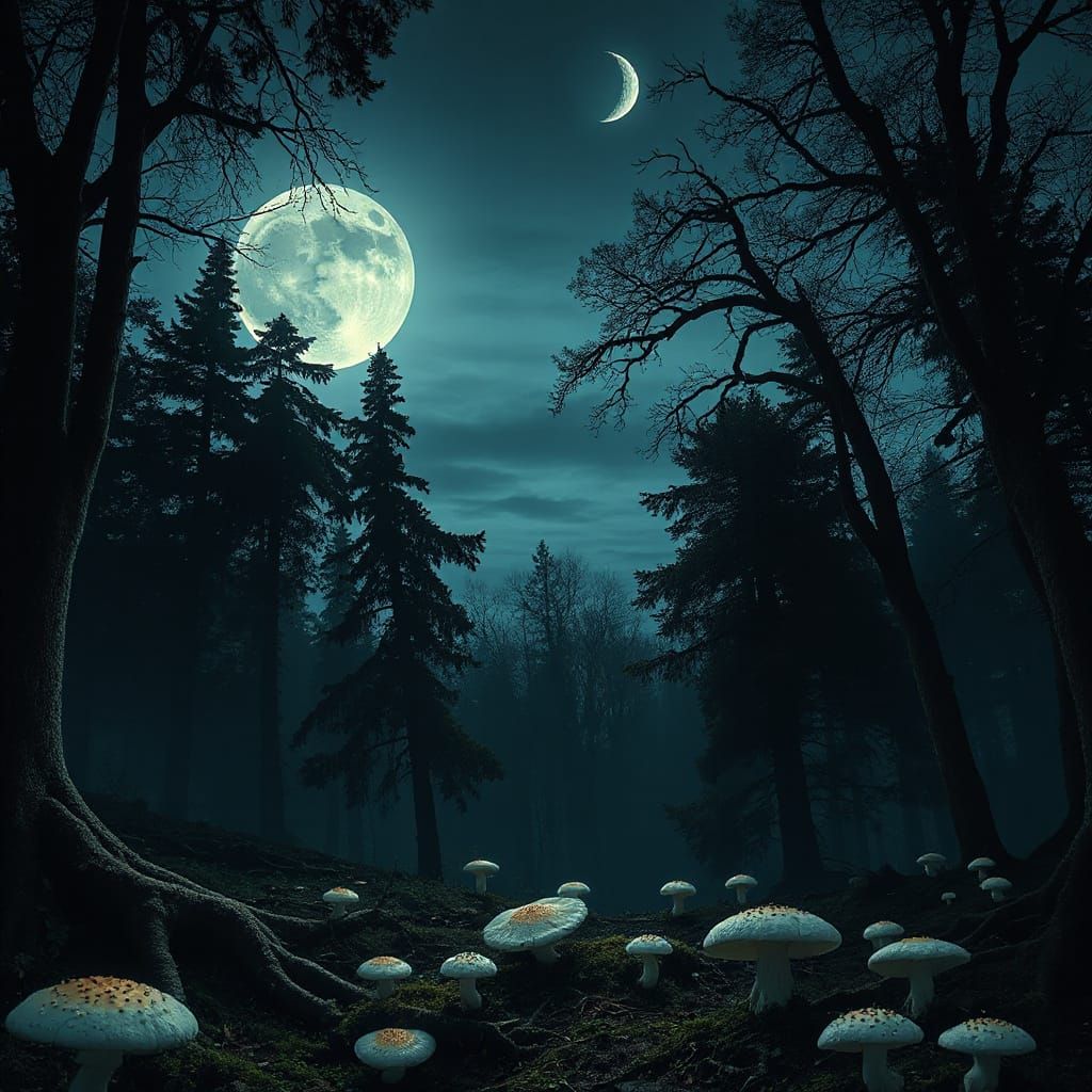 Twilight Forest With Two Moons and Bioluminescent Fungi