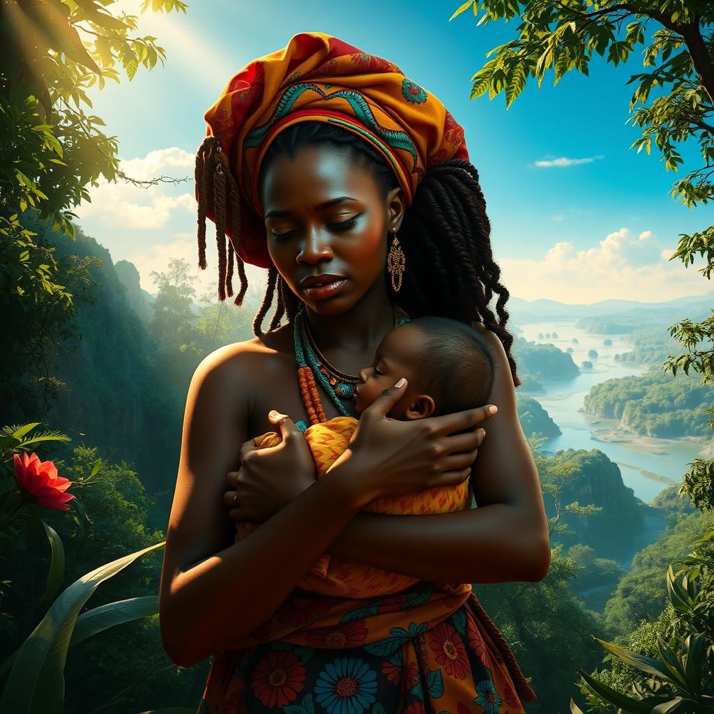 African Princess Cradles Infant in Misty Forest