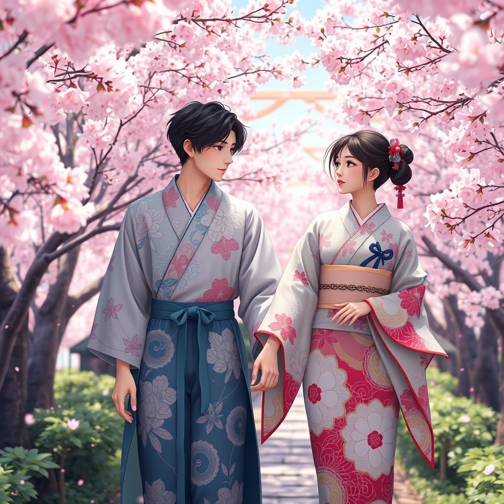 Couple Strolls Through Vibrant Cherry Blossom Garden in Trad...