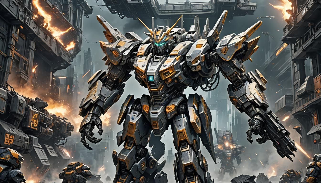 Mecha Warrior in Enchanted Forest, Futuristic Scene