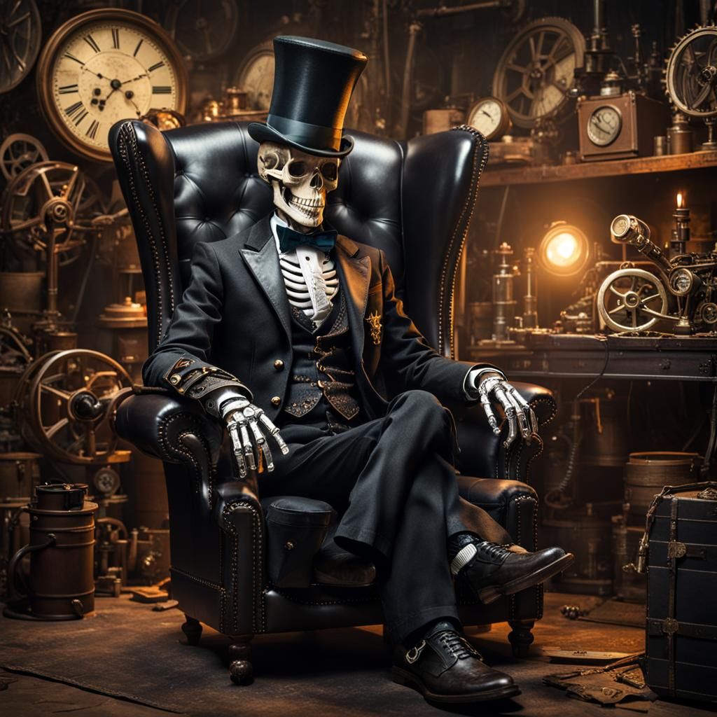 Steampunk Skeleton in Workshop with Engine