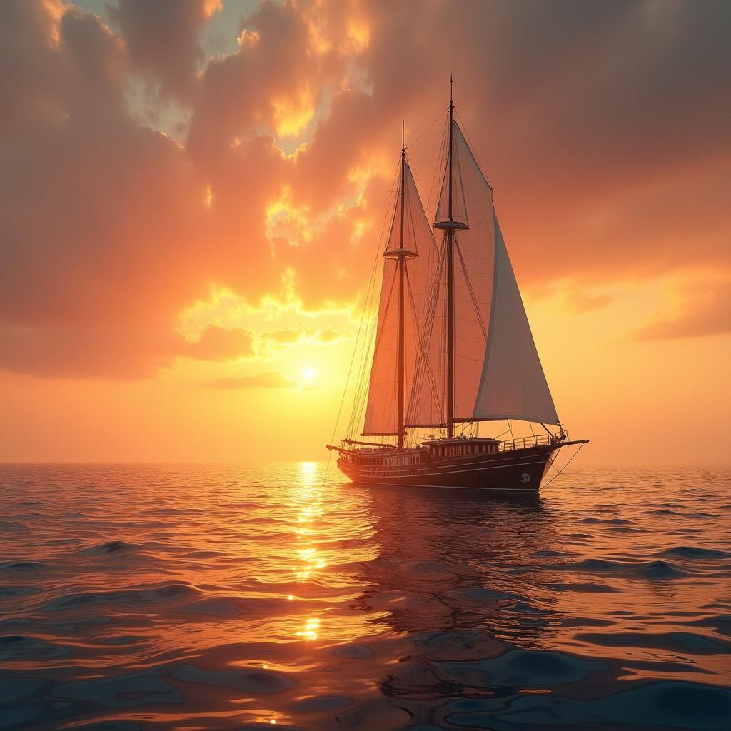 Vintage Sailing Vessel at Sunset in Warm Cinematic Light
