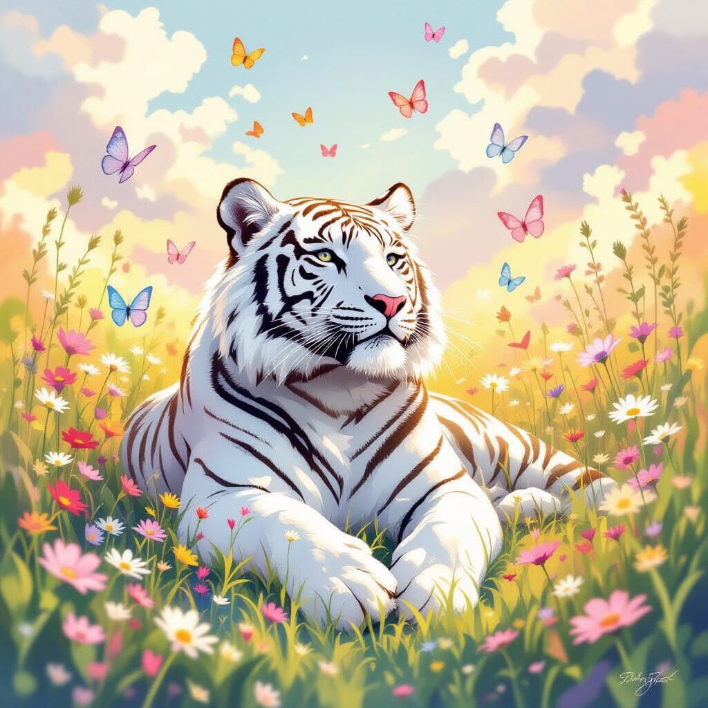 White Tiger in Butterfly Meadow, Painterly Style