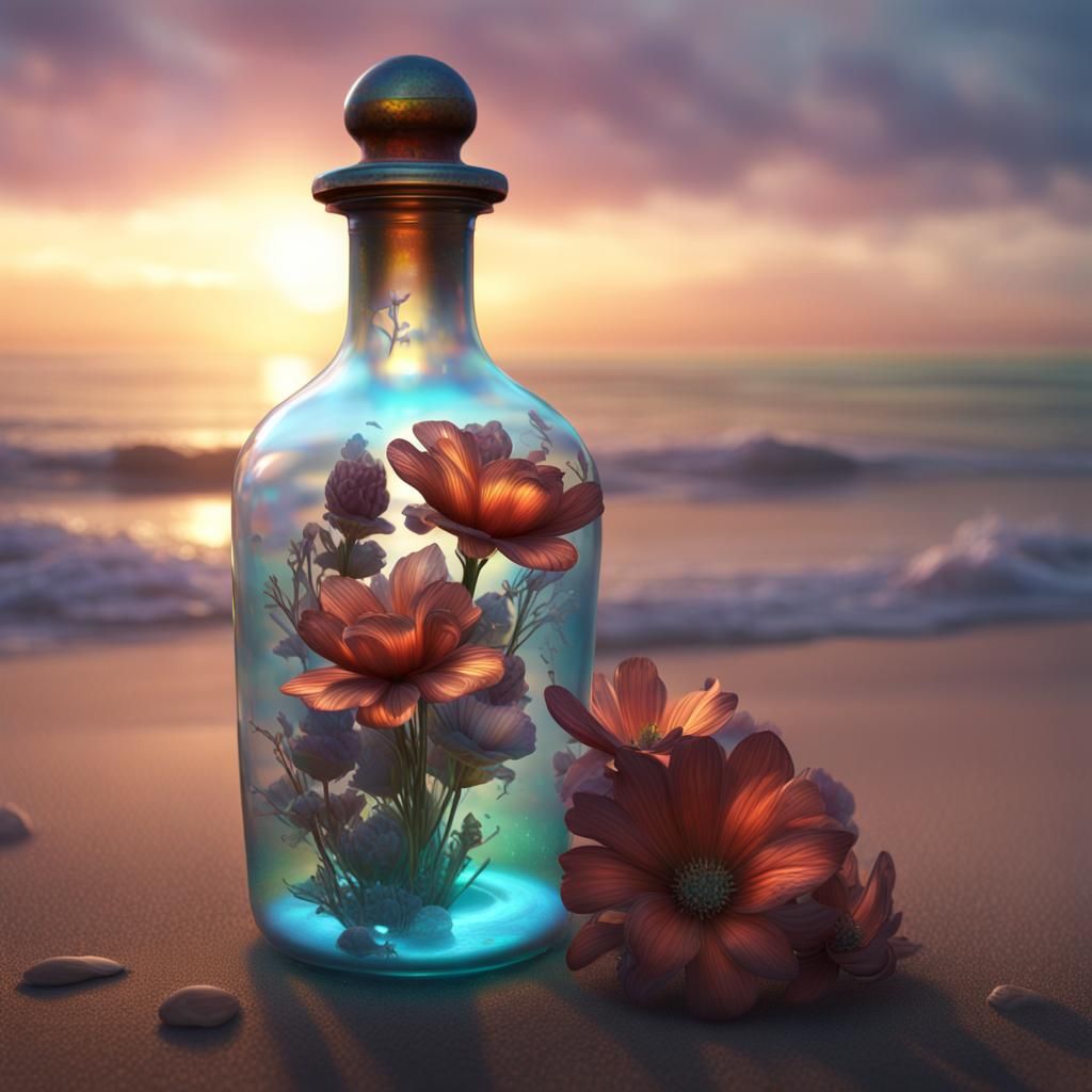 Holographic Flowers in Antique Bottle, Fantasy Art