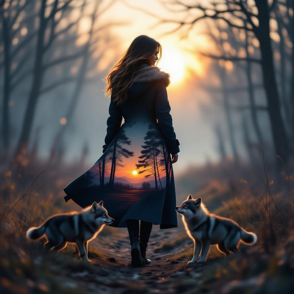 Ethereal Woman with Wolves: Double Exposure Art