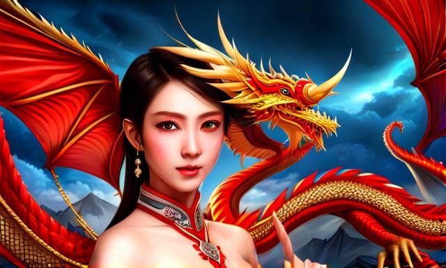 Chinese Dragon-Girl with Fan, Fantasy HD Wallpaper