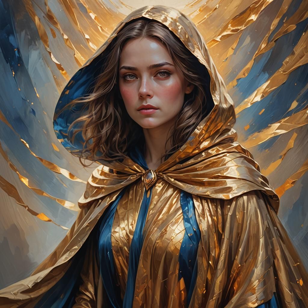 Golden-Eyed Woman in Cloak: Vibrant Oil Painting