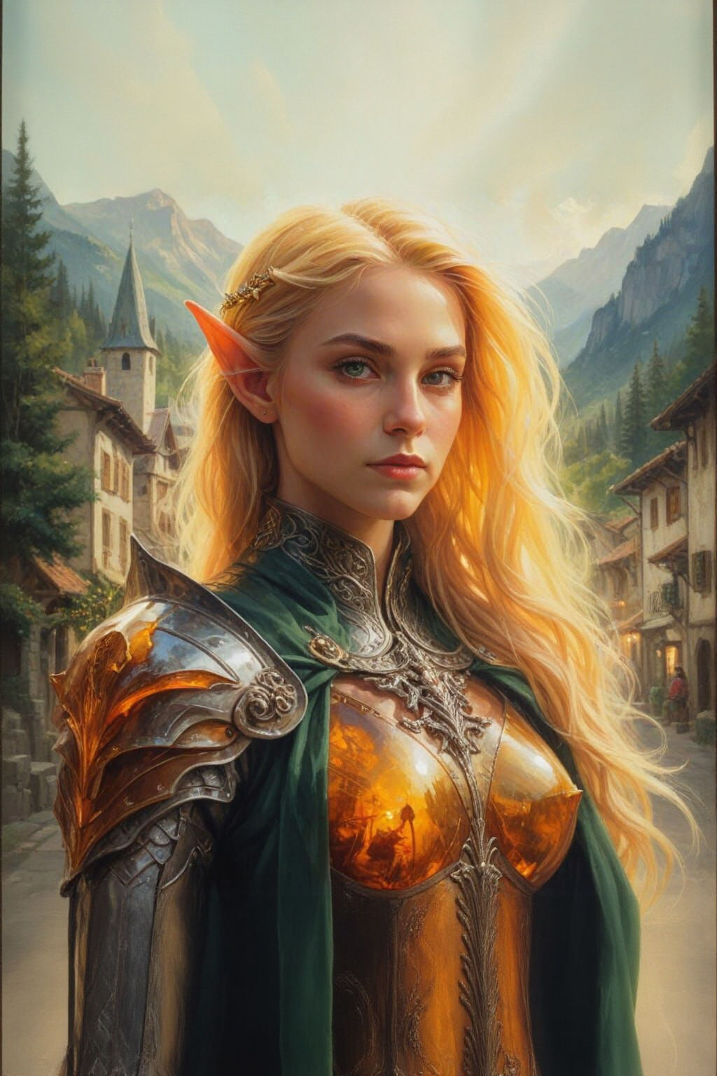 Female Elf Portrait in Amber Armor, Medieval Scene