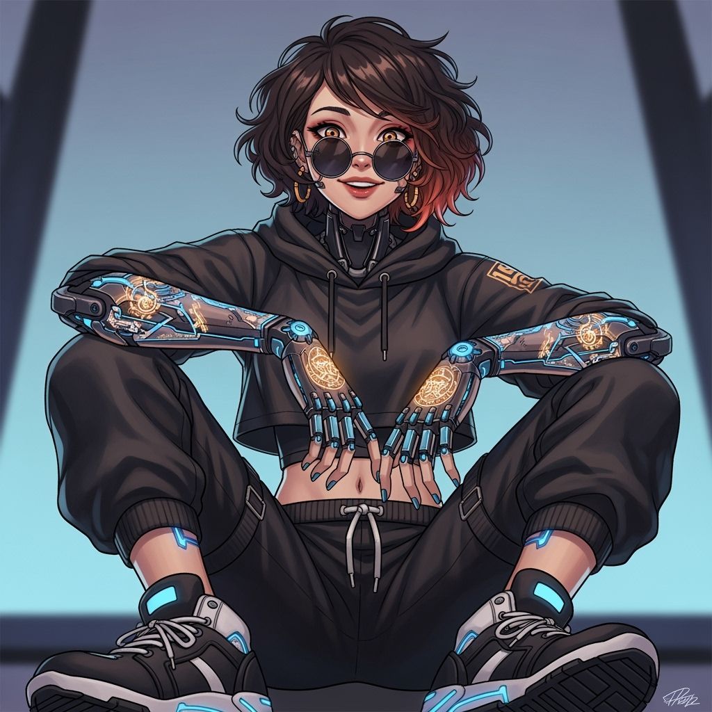 Cyberpunk Girl with Cybernetic Arms in Anime Style