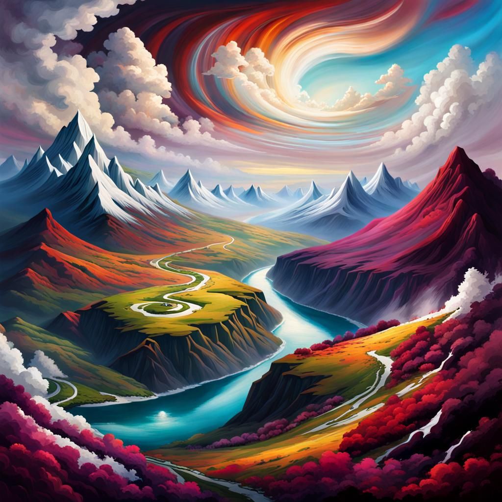 Breathtaking Surreal Landscape with Swirling Clouds and Moun...