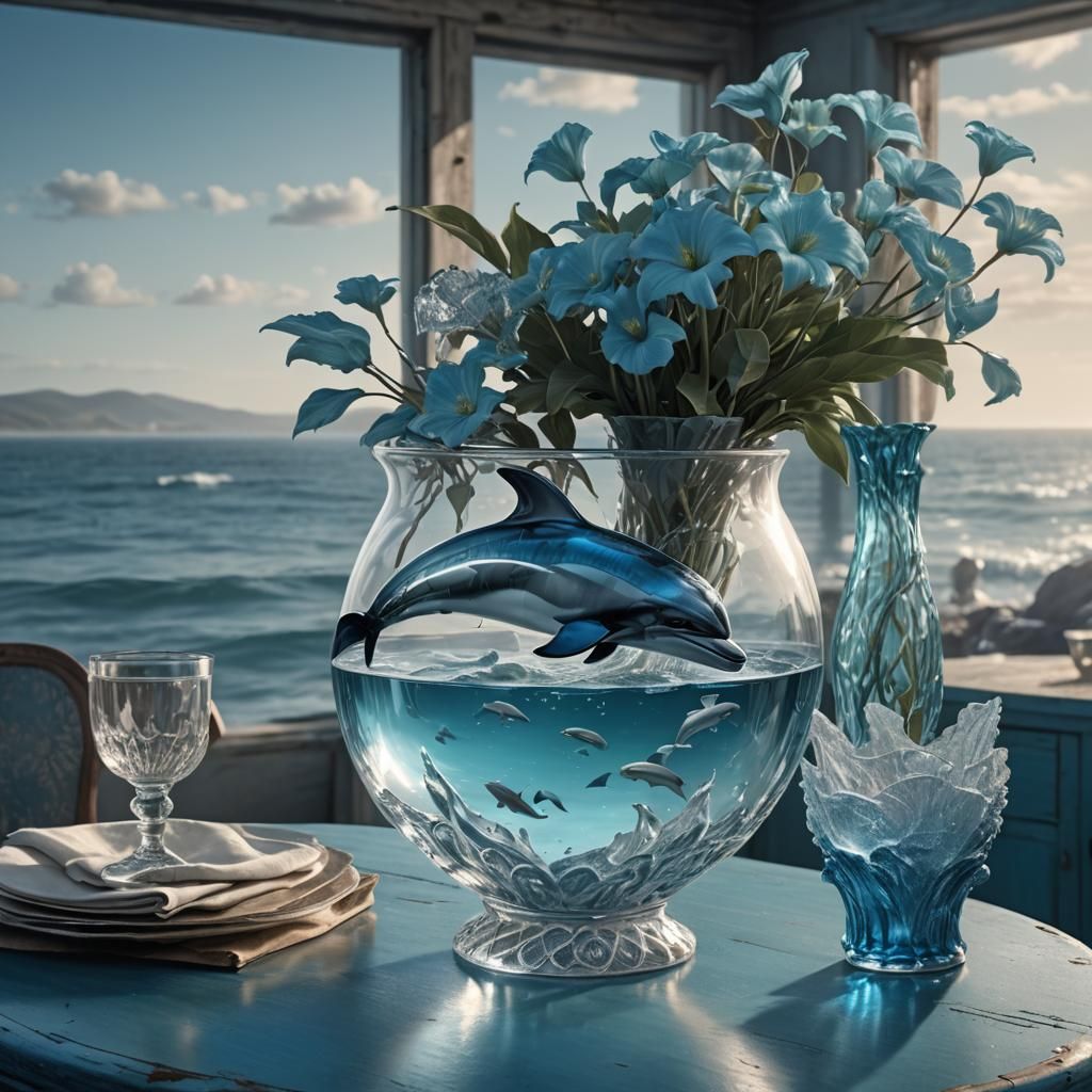 Glass Dolphin Sculpture in Crystal Vase
