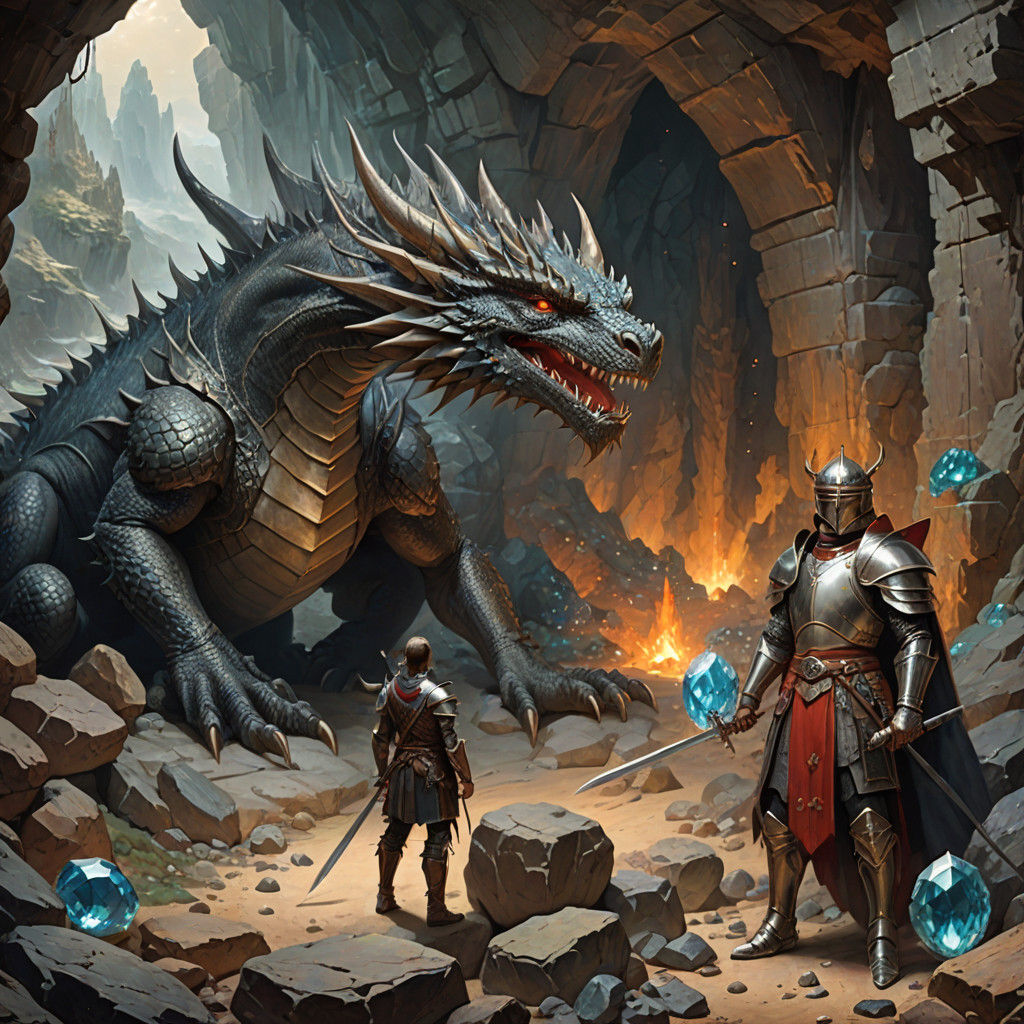 Ancient Warrior Before Faded Dragon in a Treasure Cave