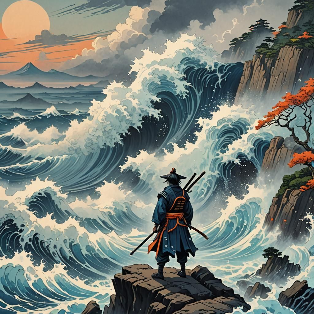 Samurai Stares Down Tsunami: Woodblock Meets Digital Art