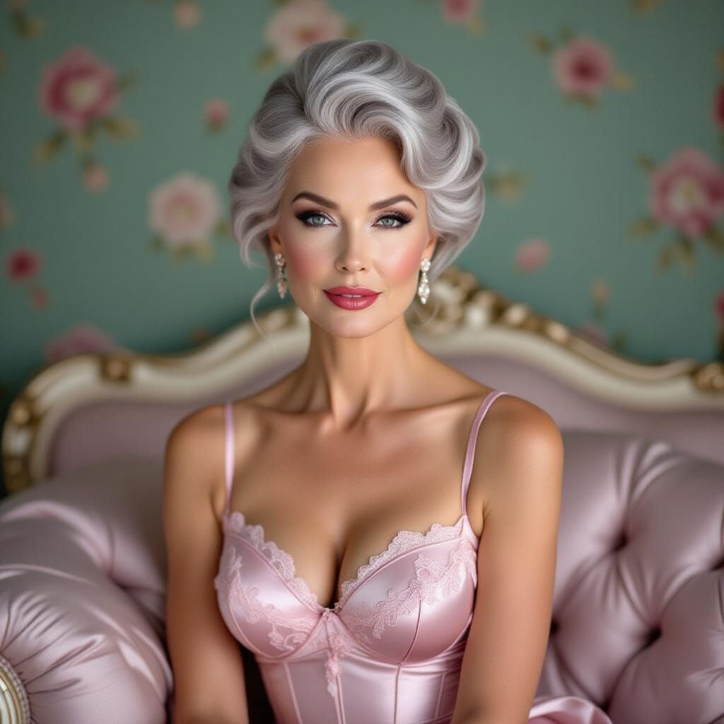 Elegant Woman in Pink Silk Lingerie, Hyperrealistic Photo