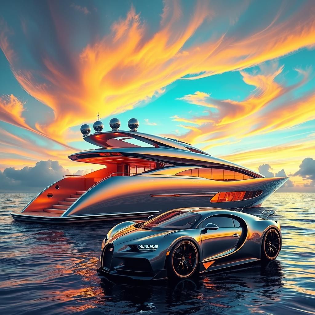 Futuristic Yacht with Bugatti in Vibrant Sky