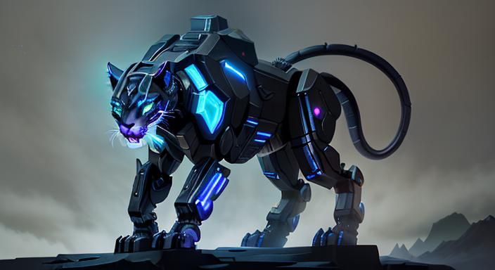 Cybernetic Panther Prowling a Dark Metropolis