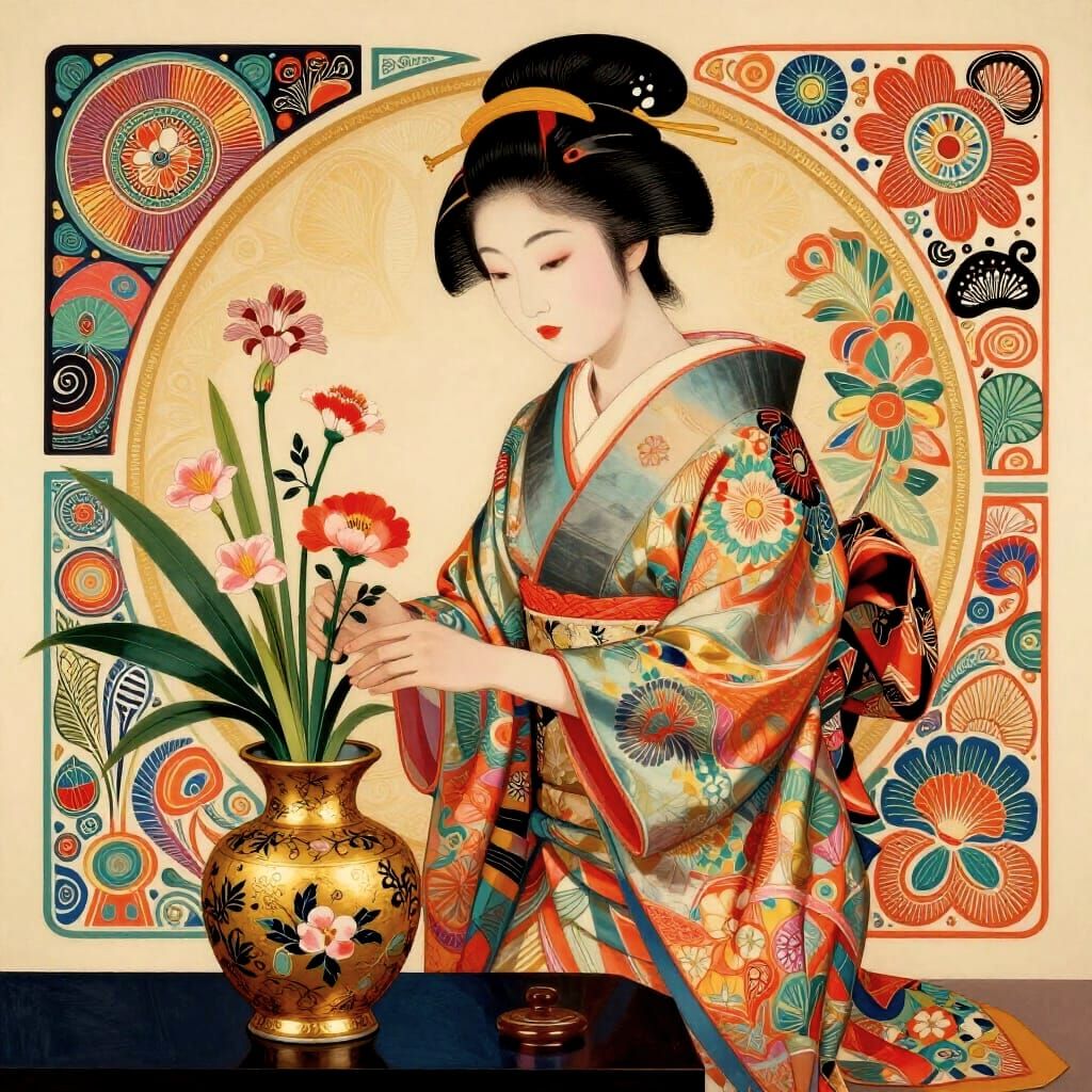 Geisha Arranging Flowers in Kintsugi Vase, Art Nouveau Style