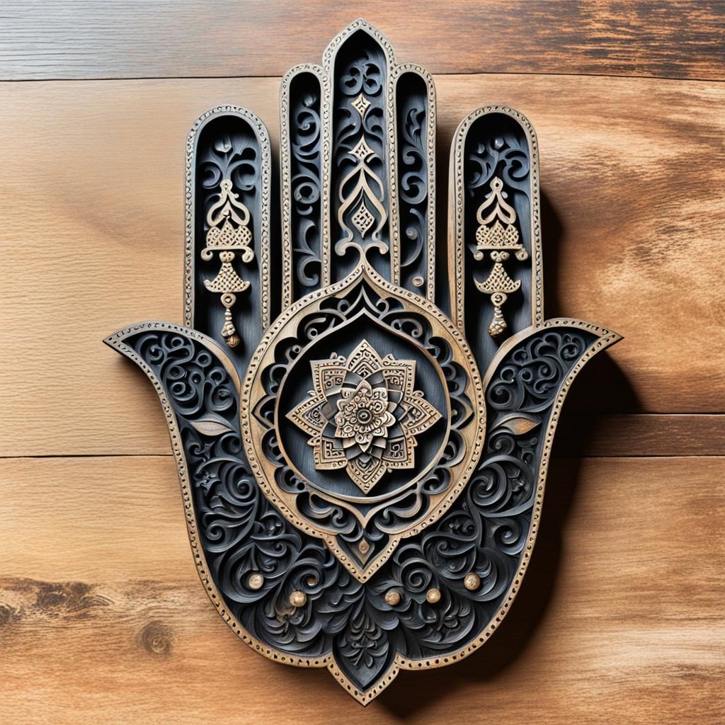 Ornate Hamsa Centerpiece in Black Stained Wood