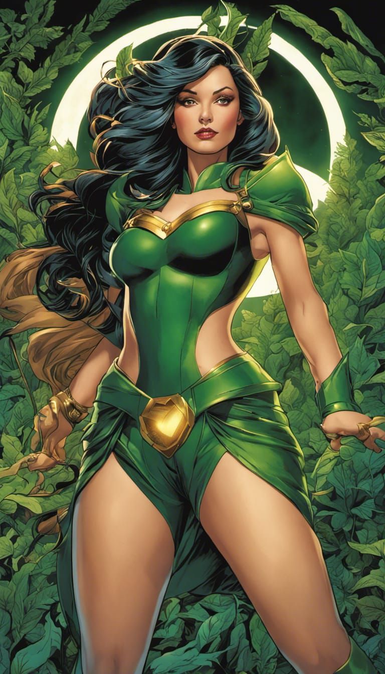 Green-Skinned Superheroine in Comic Book Style