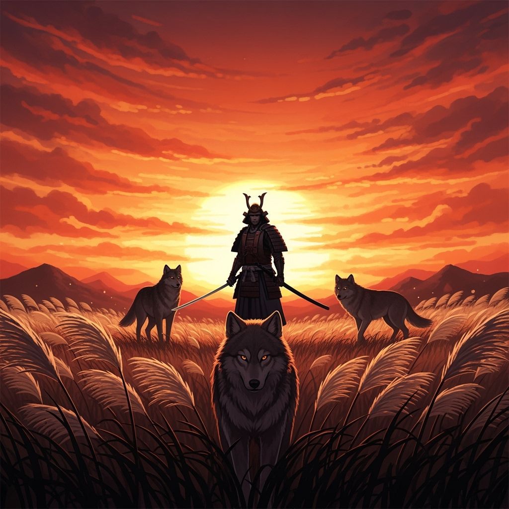 Samurai Silhouette at Fiery Sunset, in Ukiyo-e Style