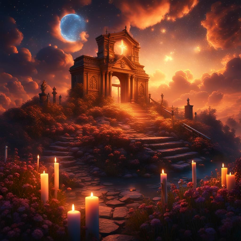 Starry Night Cross with Candles in Fantasy Art