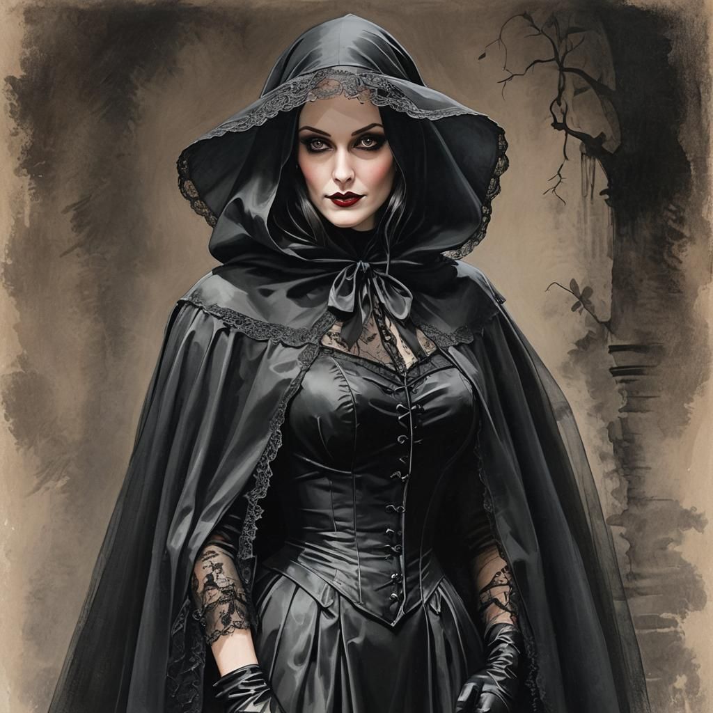 Gothic Detective in Veiled Mourning Gown