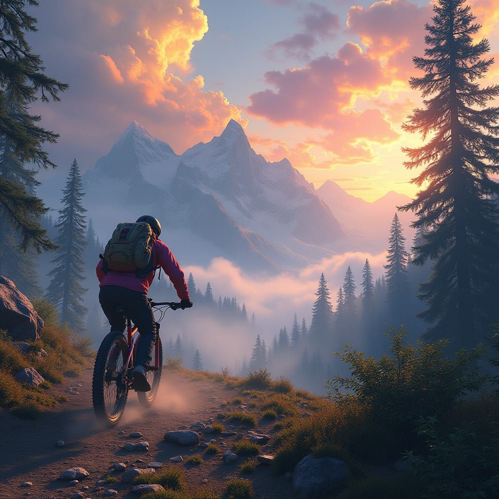 Mountain Biker Descends a Mystical Trail Amid Ancient Trees...