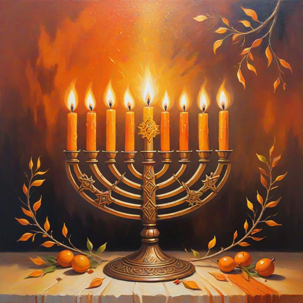 Vibrant Oil Painting of a Nine-Branched Chanukiah at Twiligh...