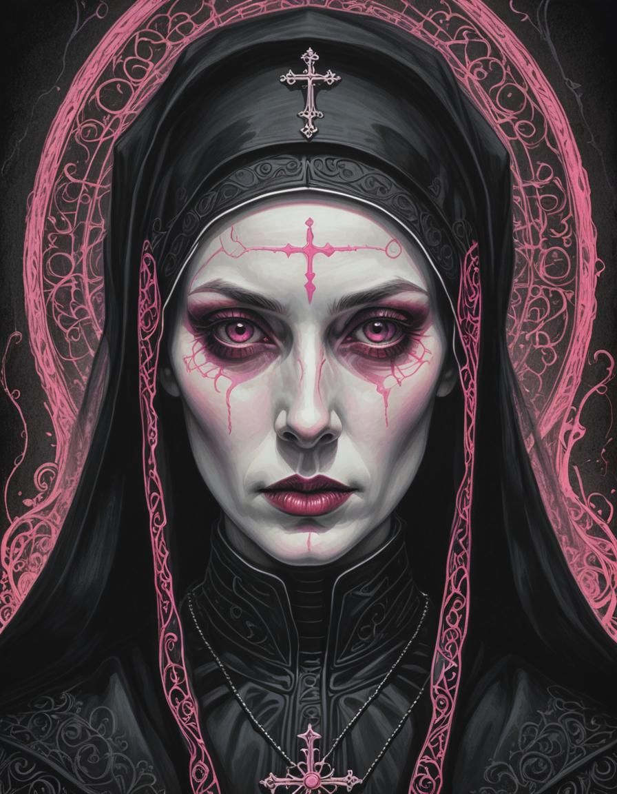 Gothic Nun Portrait with Bubblegum Pink Accents