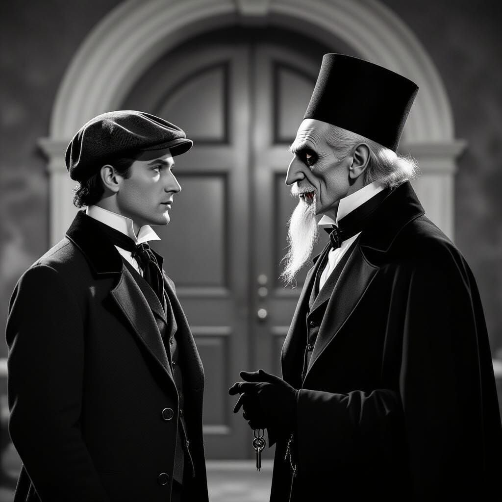 Silent Film Portrait of Man and Vampire in 1830s Attire