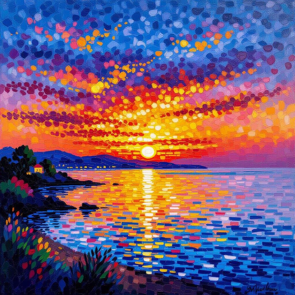 Pointillist Seaside Sunset Landscape