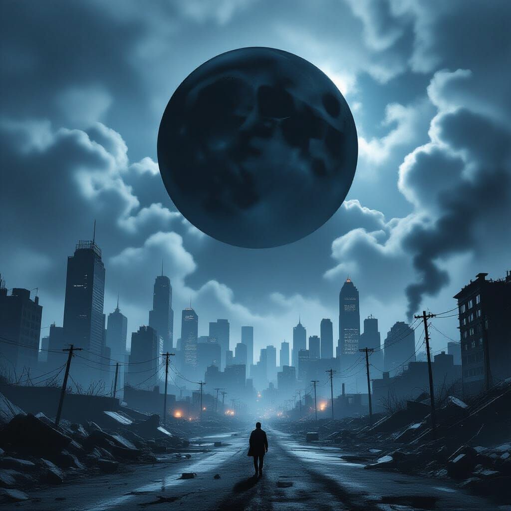 Black Moon Rises Over Apocalyptic Cityscape