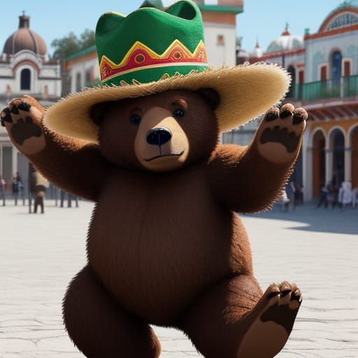 A cute brown bear wearing a sombrero and dancing in a Mexican square. anime